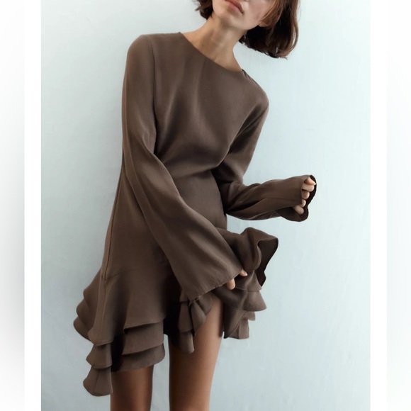 Flowy Ruffled Mini Dress, Chocolate Brown, Zara, M, NWT - Picture 2 of 10